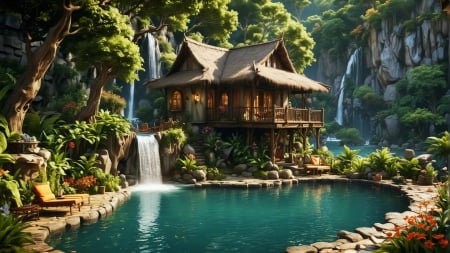 Mountain Waterfall House with Crystal Clear Lagoon - rocks, art, trees, cascades, water, digital, pond