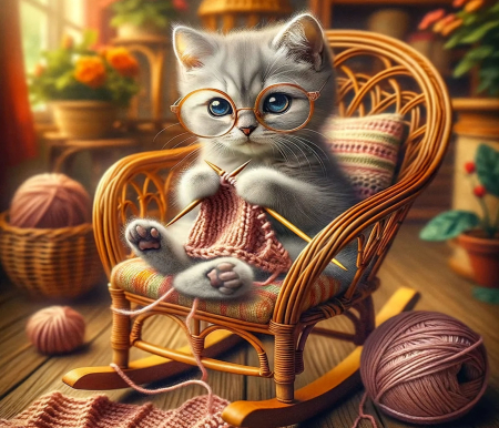 Knitting with her favorite ball of yarn - art, chair, cat, room, funny, digital