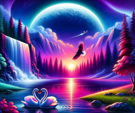 Love Isn't for Everyone, Some Fly Alone Unable to Obtain the Correct Level - eagle, trees, sunset, stones, waterfall, rocks, swans, lake, art, digital