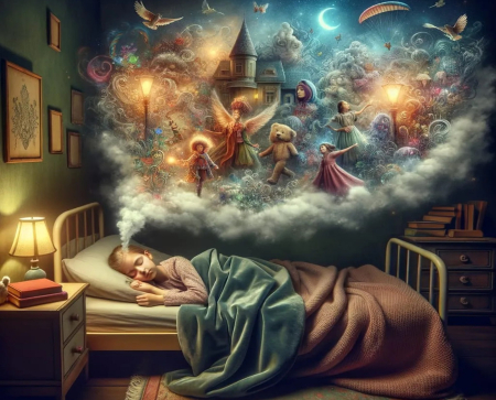 Sweet Dreams - bed, art digital, girl, angel, people, bear, room, house