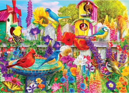 vibrant birds an a bath - colors, vibrant, birds, puzzles