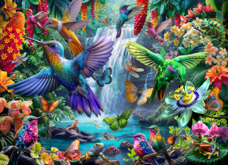 birds n waterfalls - hummingbirds, waterfalls, flowers, two