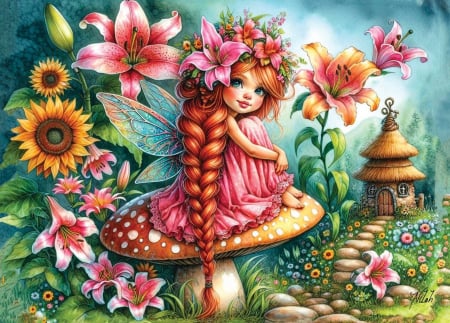 red headed toad stool - flowers, girl, puzzle, red