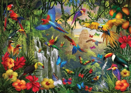 jungle - colorful, flowers, waterfall, birds