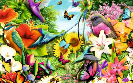 dinner time - lilies, colors, puzzle, birds