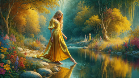 Summertime - woman, art, yellow, girl, water, wallpaper, digital, fantasy, lamamake art