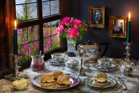 Still life with summer  - Flowers, Cream, Bouquet, Tea, Cake