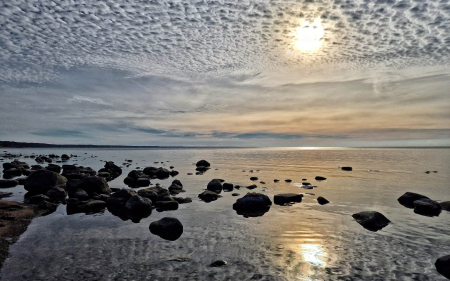 Sun over Sea - rocks, Latvia, clouds, beach, sea, sun