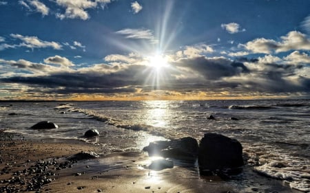 Sunbeams and Sea - beach, sea, sunbeams, clouds, Latvia, rocks