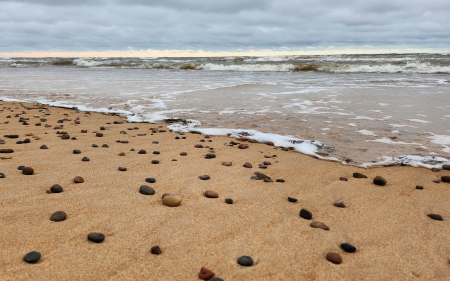 Pebbles on Beach - pebbles, Latvia, beach, sea, waves