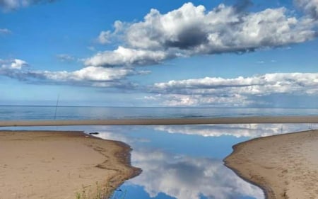 River Meets Sea - beach, sea, river, reflection, clouds, Latvia