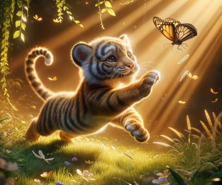 The Butterfly Hunt - insects, tiger, cub, art, digital, sunrays