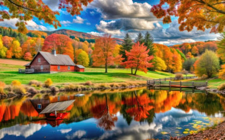 Colors of autumn - colorful, Vermont, serenity, village, fall, reflection, mirror, river, sunny, barn, autumn, farm, sky, trees, peaceful, quiet, lake, hills, mountain, beautiful