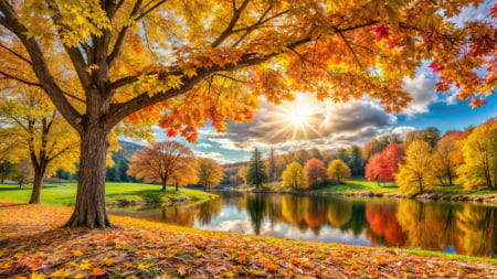 Autumn landscape - branches, rays, autumn, lake, mountain, trees, sun, glow, view, fall, reflection, forest, beautiful, colors, golden, pond