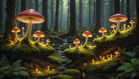 A night in  the forest - background, mushroom, wallpaper, digital art