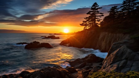 A picturesque seaside at twilight sunset - sky, digital, rocks, clouds, trees, sea, sun, art