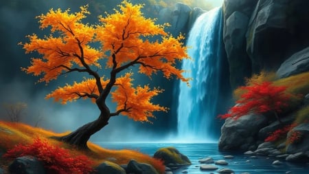 Autumn tree at the waterfall - cascades, art, fall, water, leaves, digital, colors