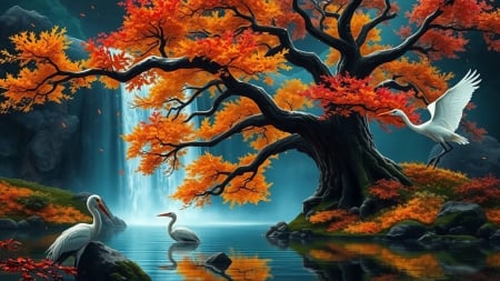 Cranes are fishing in a river at autumn - birds, art, fall, digital, tree, colors, waterfall