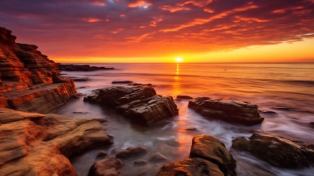 Picturesque seaside at twilight sunset - rocks, ocean, sky, sun, clouds, water, colors