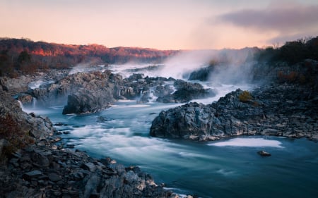 Sunrise over Great Falls, Virginia - water, cascades, river, rocks, usa