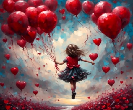 Learning to fly - girl, balloons, hearts, art, digital