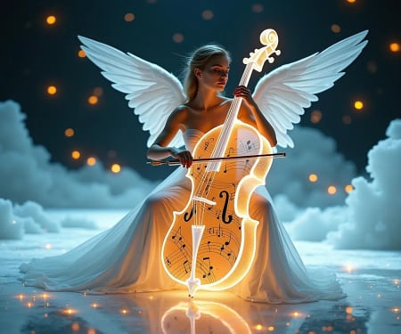 It will be the song of kindness in everyone's lips... - angel, light, clouds, cello, art, digital