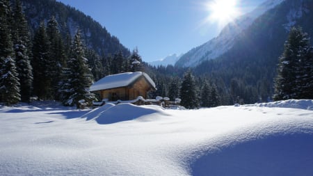 Cabin in the Alps, Switzerland - sky, landscape, snow, sun, clouds, mountains, rocks