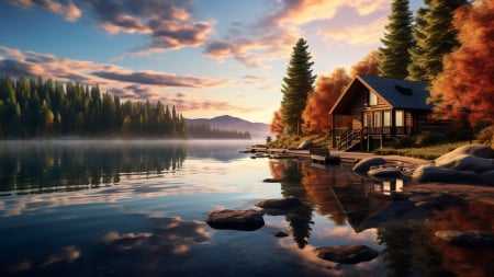 Peaceful Lakeside - reflections, art, fall, trees, water, digital, colors, house