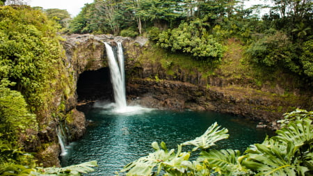 Rainbow Falls, Hilo, Hawaii - trees, cascades, rocks, landscape, water, usa