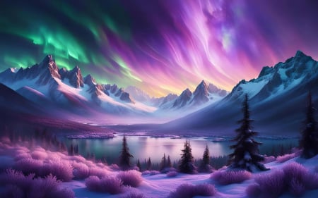 Under the Aurora Skies - rocks, lake, trees, snow, artwork, digital, mountains