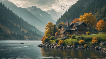 Tranquil Mountain Landscape with Reflective Waters and Charming House - mountains, trees, cottage, artwork, water, digital