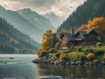 Tranquil Mountain Landscape with Reflective Waters and Charming House