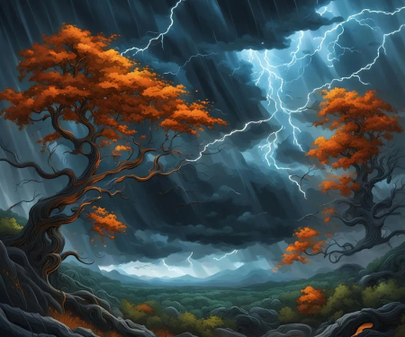 A stormy scene - thunderstorm, digital, lightning, trees, art