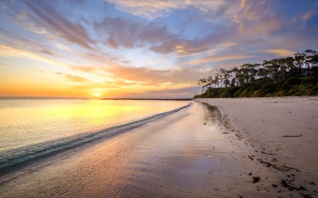 Cabbage Tree Beach, Jervis Bay, NSW, Australia - sky, water, clouds, trees, sea, sunset, sun