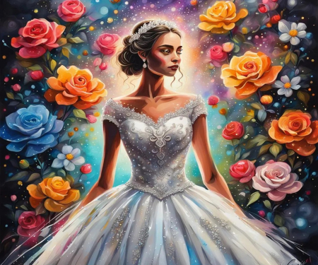 Bride - dress, art, girl, roses, blossoms, digital, flowers