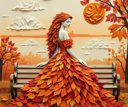 Dressed for Autumn - dress, art, fall, girl, leaves, digital, bench, colors