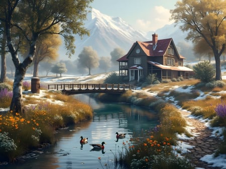 Charming House by a Peaceful Stream - termeszet, kacsak, fahid, fak, patak, novenyzet, bajos haz, hegyek, ut, havas