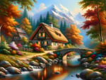 Hut by the calm autumn river