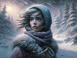 Young girl in snowy landscape with glowing moon