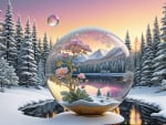 Snow globe with pink flowers in winter landscape