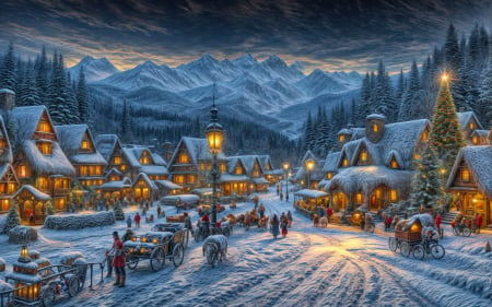 Christmas village - street, houses, people, mountain, winter, christmas, art, village, evening, snow, beautiful, holiday, tree, eve