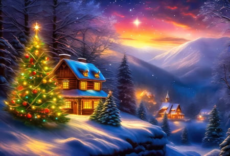 Christmas tree in mountain village - lights, winter, evening, beautiful, slope, christmas, eve, holiday, houses, star, tree, sunset, mountain, snow, cold