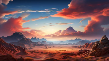 The stark of beauty desert scenic landscape - art, sky, clouds, digital, colors, mountains, sunrise, rocks