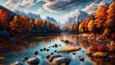 Beautiful fall colors at the river - sky, art, clouds, water, digital, stones, mountains