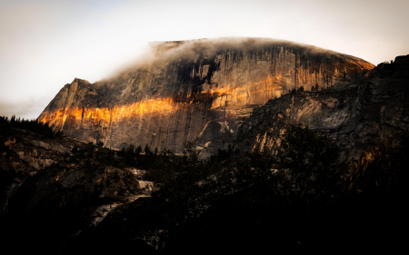 Half Dome, Yosemite Valley, California - sky, usa, rocks, clouds, trees