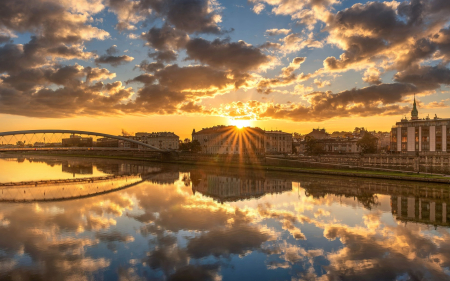 Sunrise over Vistula River - Krakow, Vistula, river, Poland, bridge, sunrise