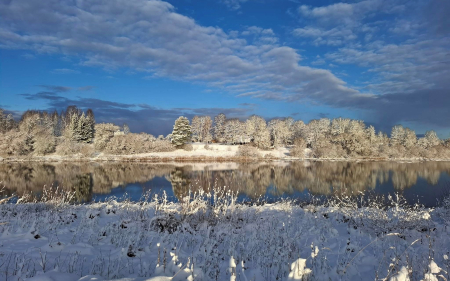 Snowy River - Latvia, winter, reflection, river, trees, snow