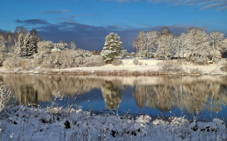 Snowy River - Latvia, reflection, river, trees, snow