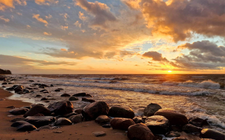 Sunset in Latvia - rocks, Latvia, clouds, beach, sunset, sea