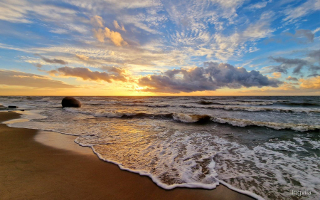 Sunset in Latvia - rock, Latvia, clouds, beach, sunset, sea